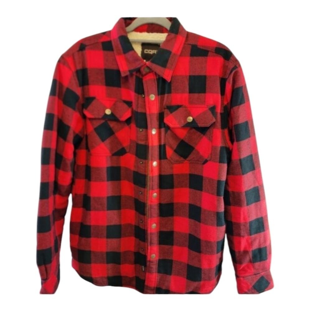 CQR PLAID FLANNEL JACKET SIZE SMALL SHERPA LINING LONG SLEEVE RED/BLACK